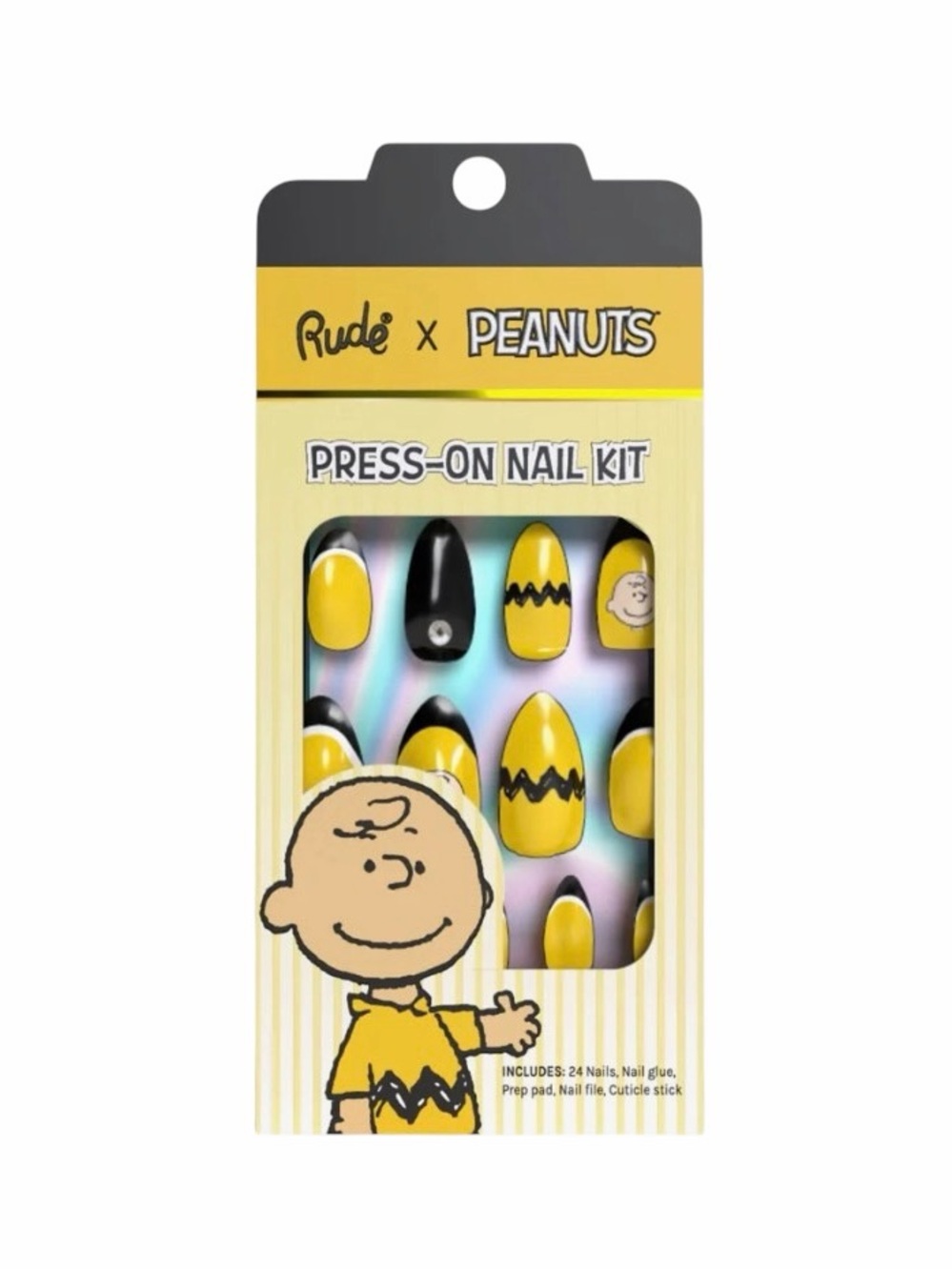 Rude x Peanuts Charlie Brown Yellow Chevron & Black 24 Piece Press-On Nail Set
